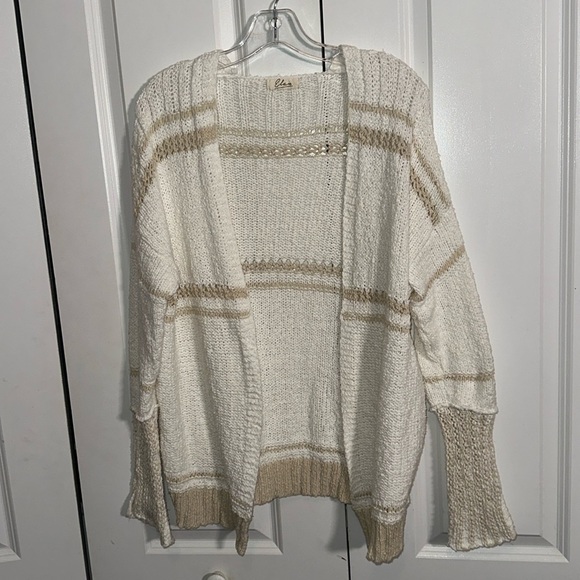Elan Sweaters - Elan 100% cotton white w/tan stripes cardigan knit sweater, Medium (M)